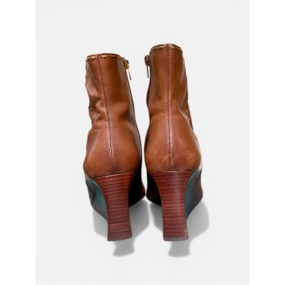 Diba Leather Wedge Ankle Boots Size 9 Cognac Brown Square Toe Comfort Heel - Picture 7 of 8